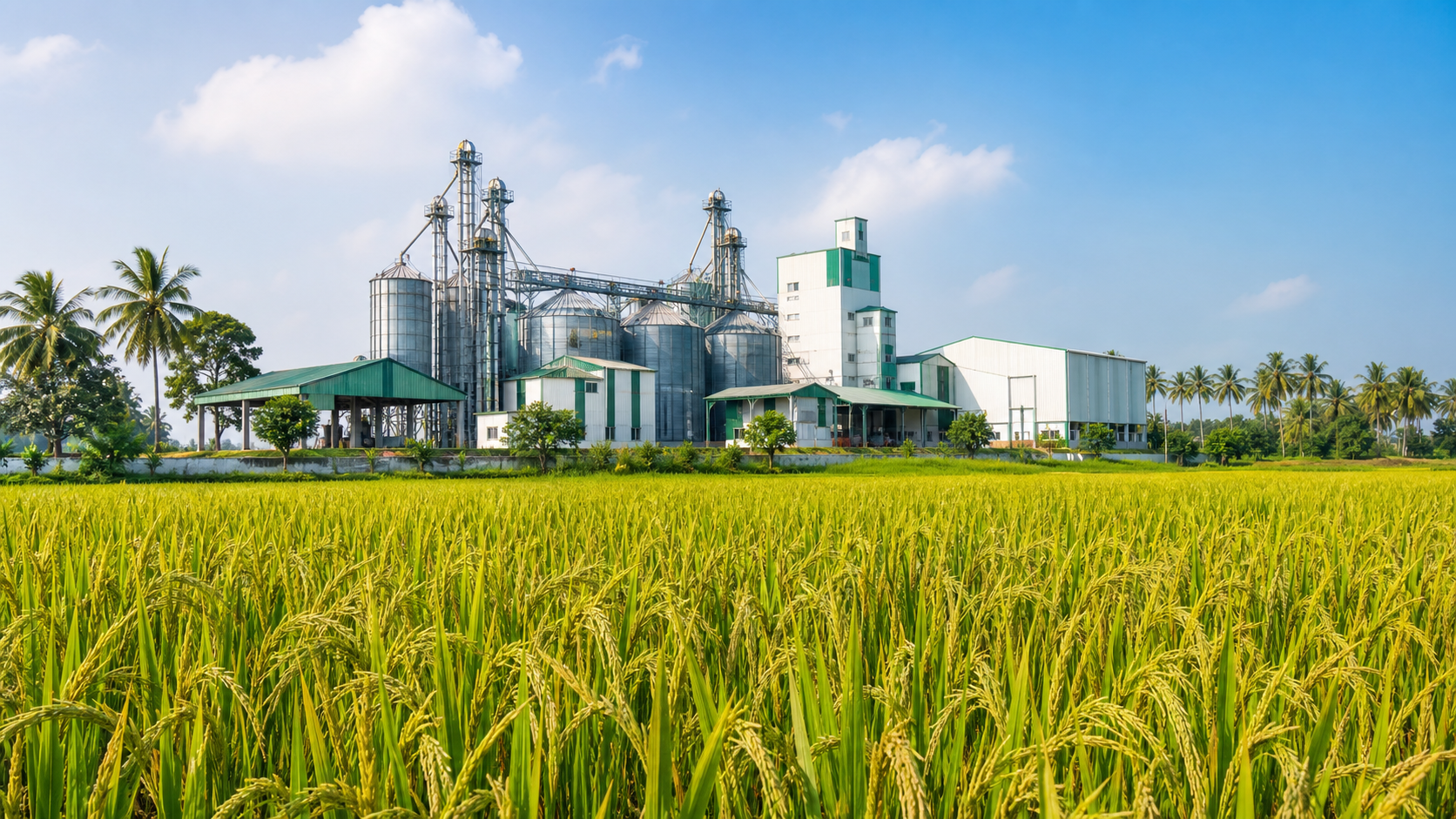 DVS Modern Rice Mill surrounded by paddy fields
